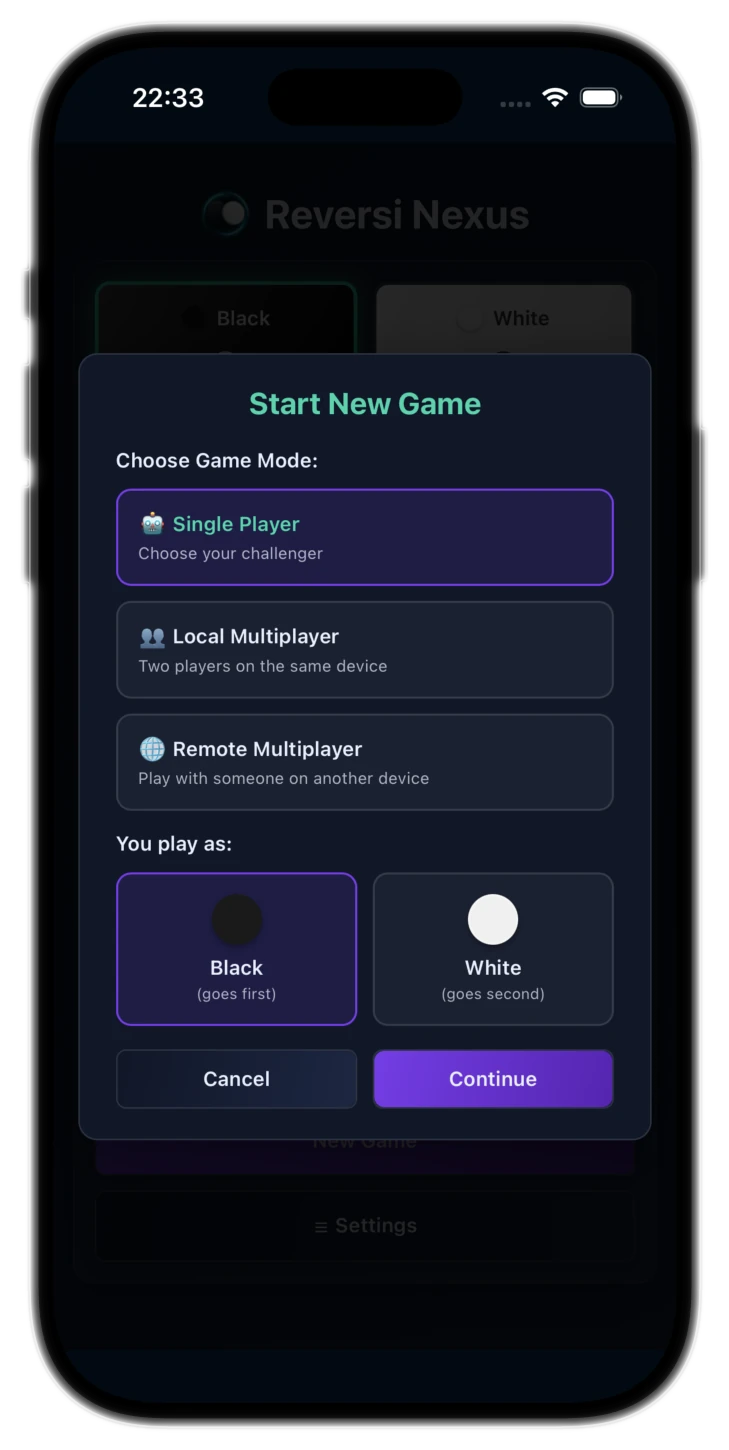 Reversi Nexus new game screen on iOS