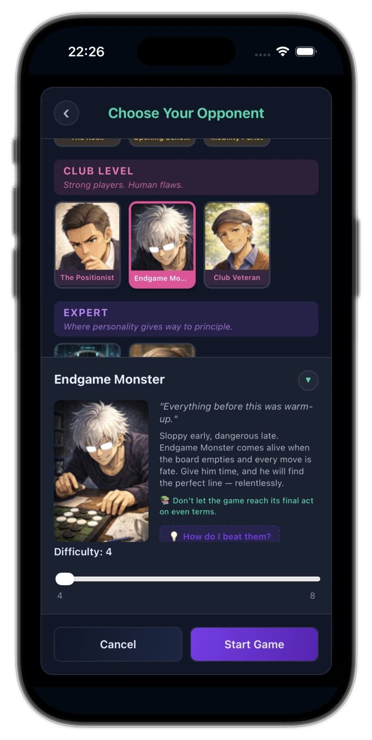 Reversi Nexus AI roster on iOS
